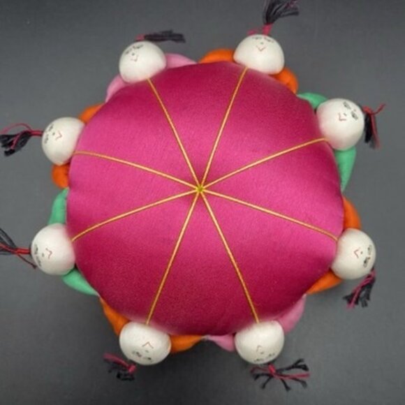 Vintage Chines Friendship Pincushion 5" Satin Doll Ring 8 Faces Folk Art Bright - Picture 1 of 7